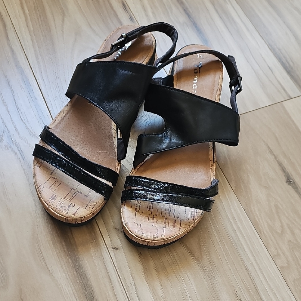 Tamaris Vegan Leather Heel Sandals  Black & Beige Cork Insoles Womens Size-8(39)
